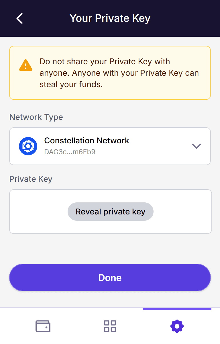Stargazer private key screen with Constellation Network selected. The key is hidden.