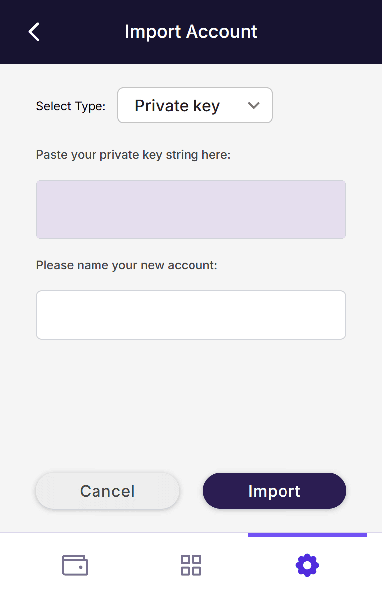 Stargazer Import Account screen set to Private key, with empty key and account name fields.
